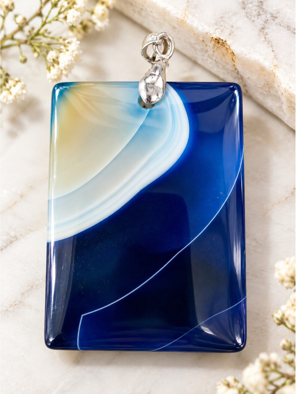 Blue Banded Agate Pendant 925 Sterling Silver Large Rectangle Blue White 2”